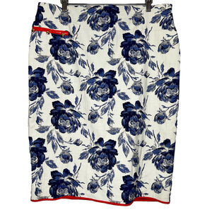 Eva Mendes Jacquard Pencil Skirt Sz 16 Midi Floral Stretch Blue Zip Slit Rosette